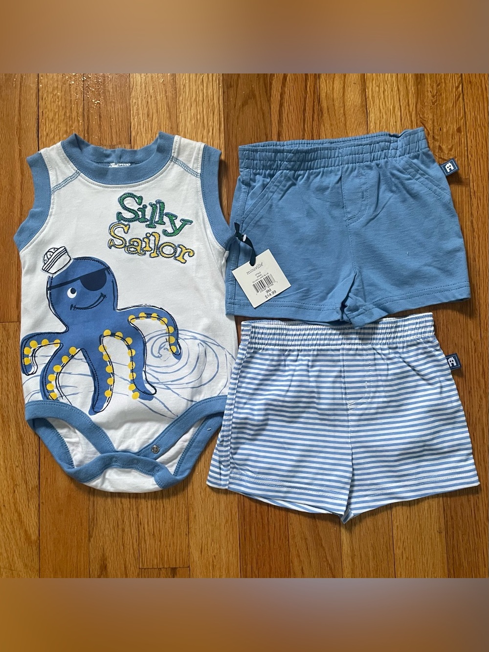 NWT Miniville 3-Piece Blue Onesie and Shorts Matching Set Size 9Mos